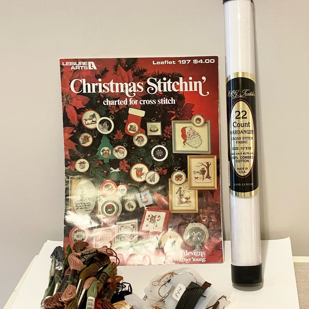 Cross Stitch Supplies-Christmas book, DMC & holder plus 22 count fabric